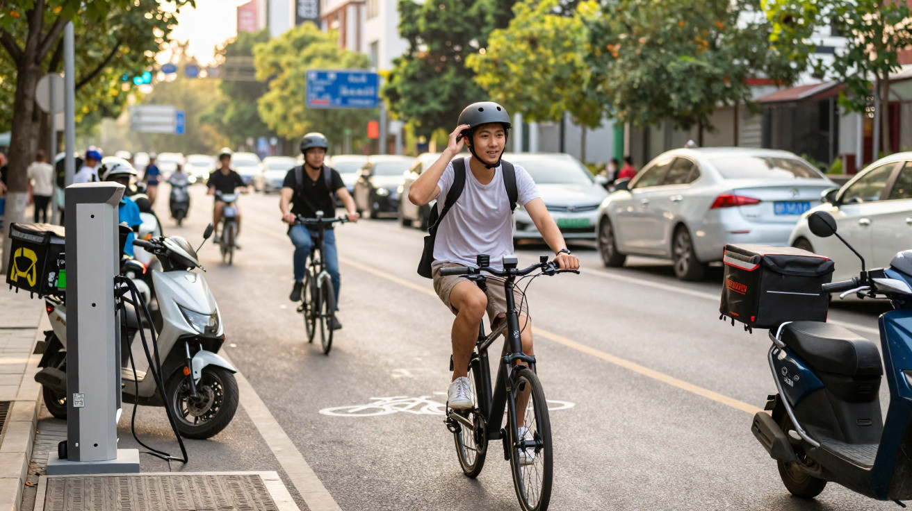 Jovens usando capacete pedalando bicicletas em ciclovia urbana movimentada em dia ensolarado.