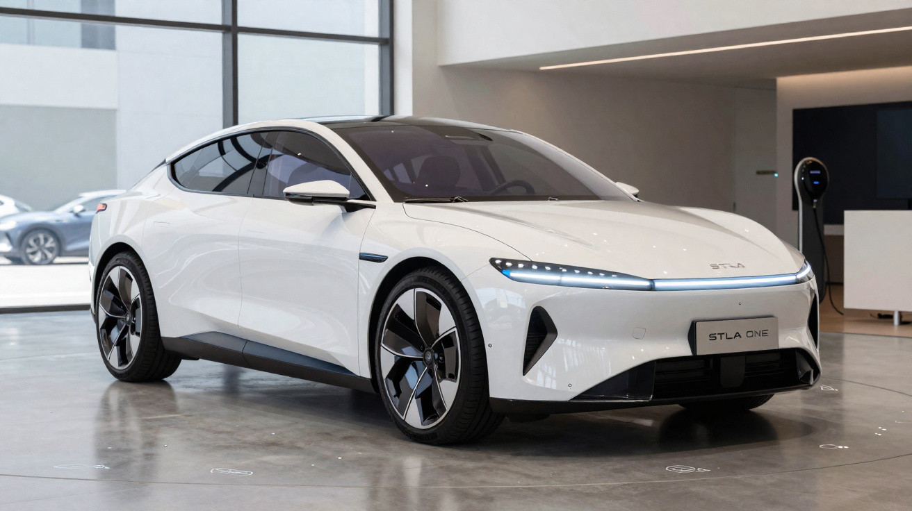 Carro elétrico branco moderno estacionado em showroom com design aerodinâmico e rodas esportivas.