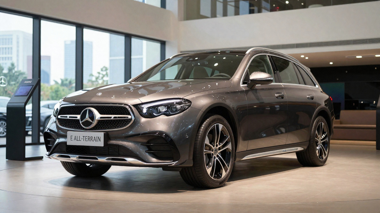 Mercedes-Benz E All-Terrain cinza exposto em showroom moderno com grandes janelas.