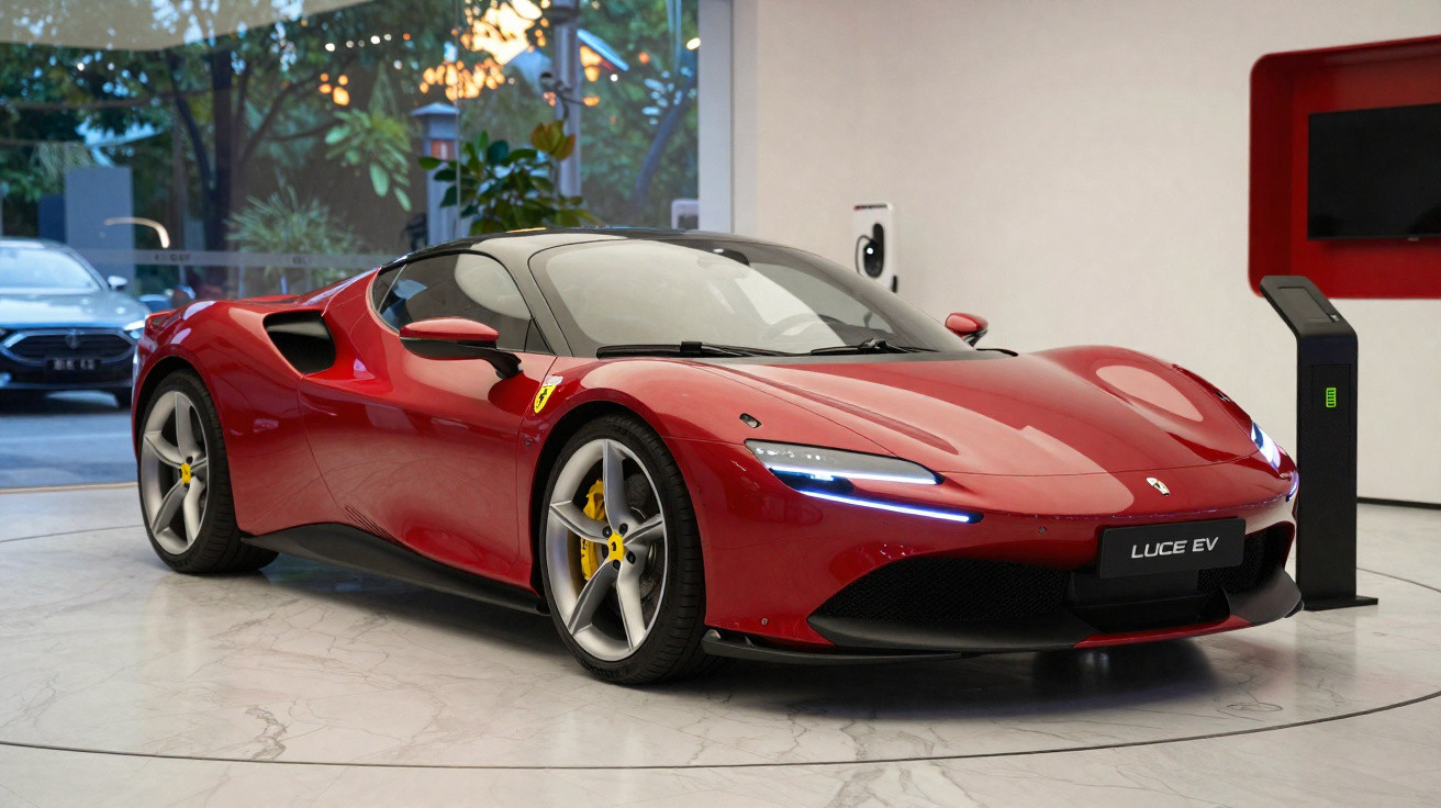 Carro esportivo elétrico vermelho Ferrari Luce EV estacionado em showroom com parede branca e piso de mármore.