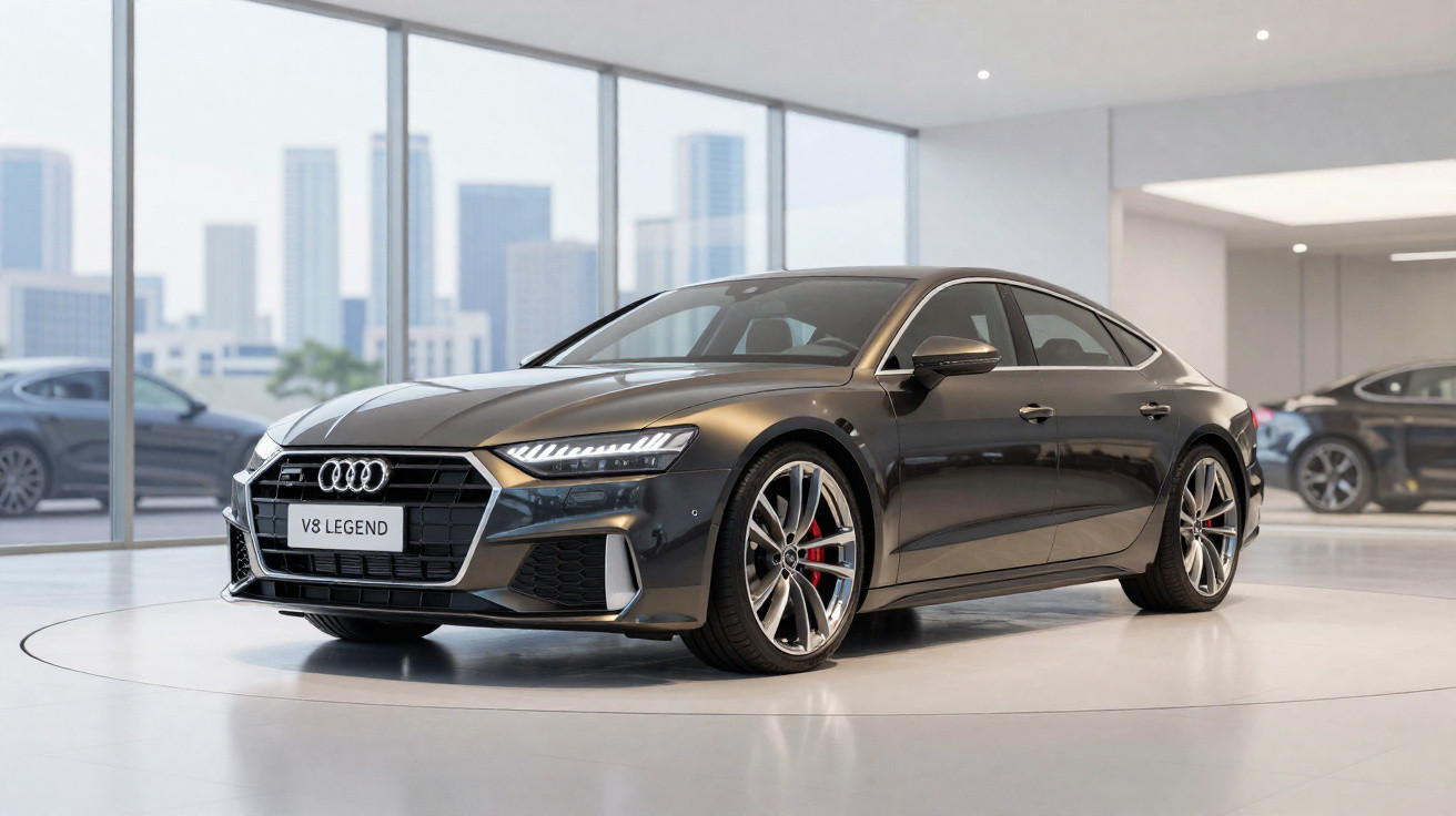 Carro Audi V8 Legend preto exposto em showroom moderno com paredes de vidro e vista urbana.