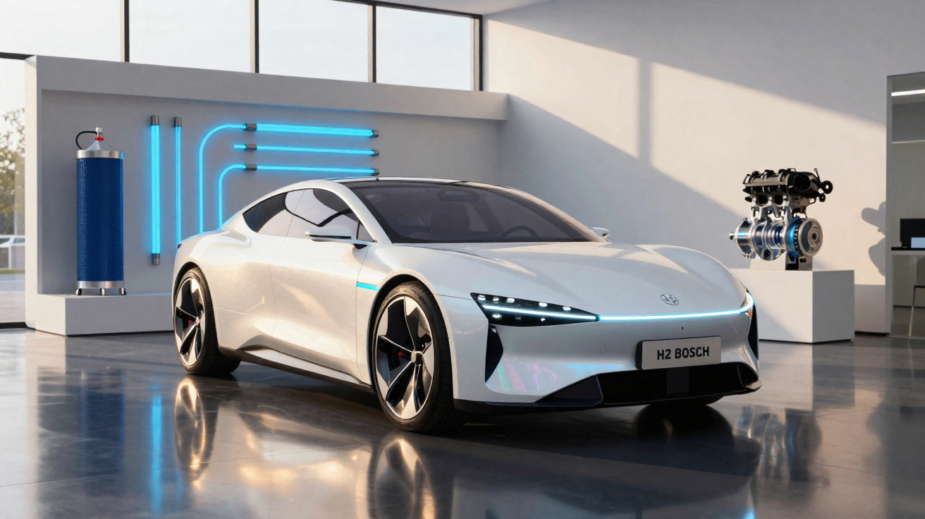 Carro esportivo branco futurista com design aerodinâmico em salão moderno iluminado.