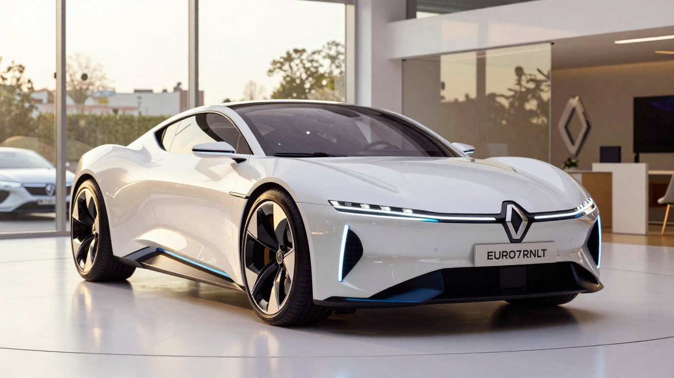 Carro esportivo elétrico branco da Renault em exibição, com design aerodinâmico e moderno.