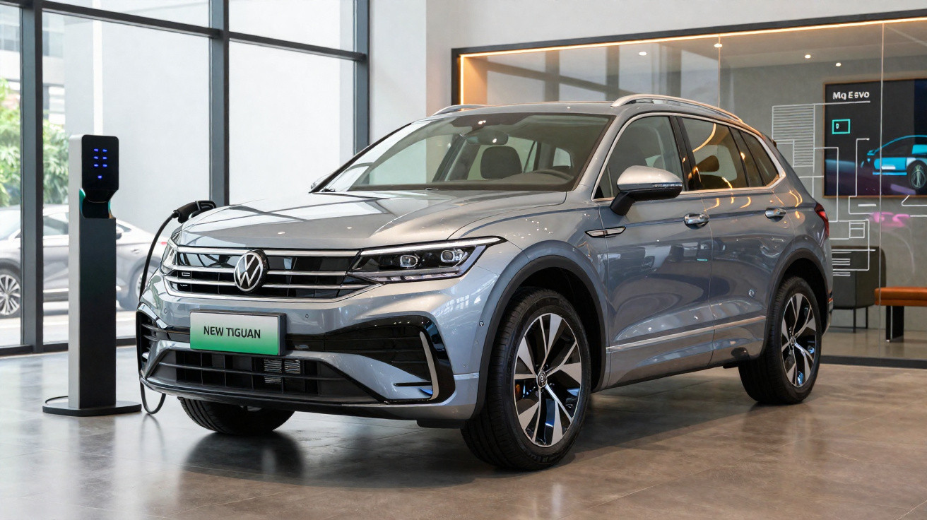 Carro SUV Volkswagen New Tiguan prata sendo carregado em estação elétrica dentro de showroom moderno.