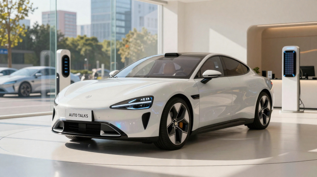 Carro elétrico branco moderno em exposição próximo a carregadores em ambiente interno com janelas grandes.