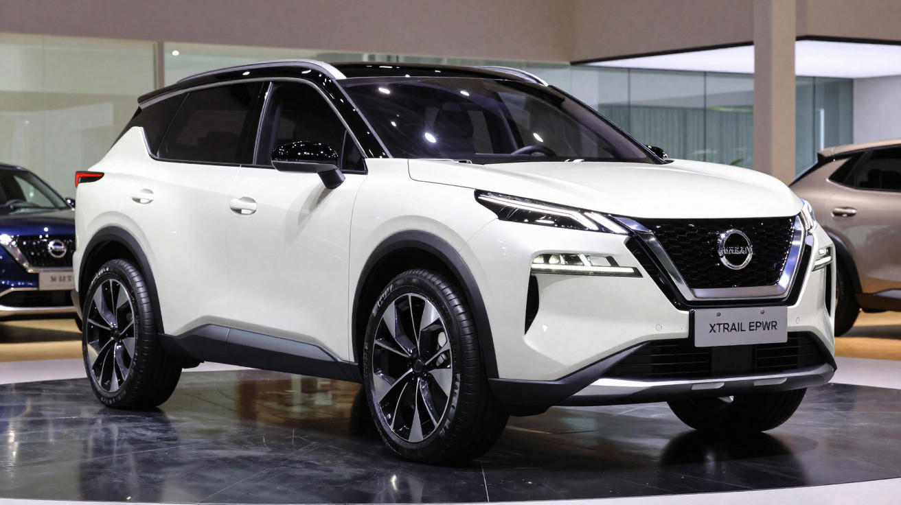 SUV branco Nissan X-Trail EPWR exibido em salão automotivo com teto preto e rodas pretas.