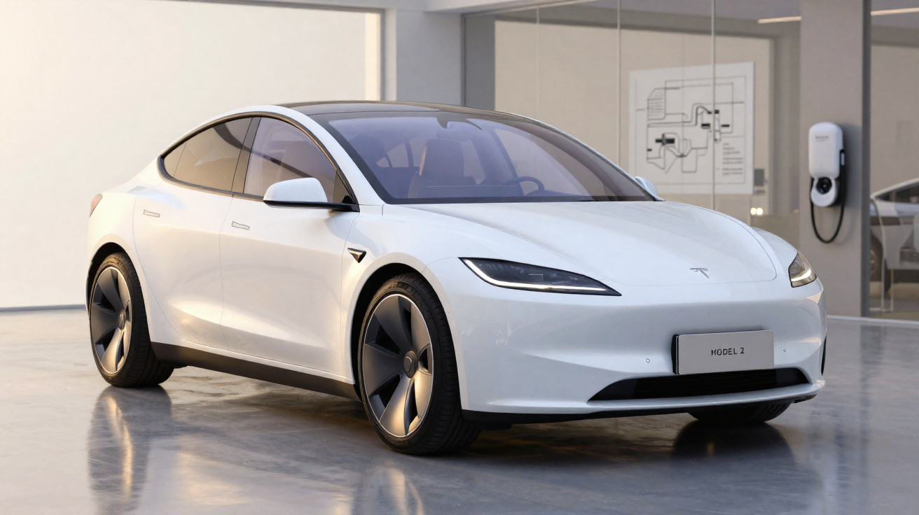 Carro elétrico Tesla Model 2 branco estacionado em garagem com carregador elétrico na parede ao fundo.