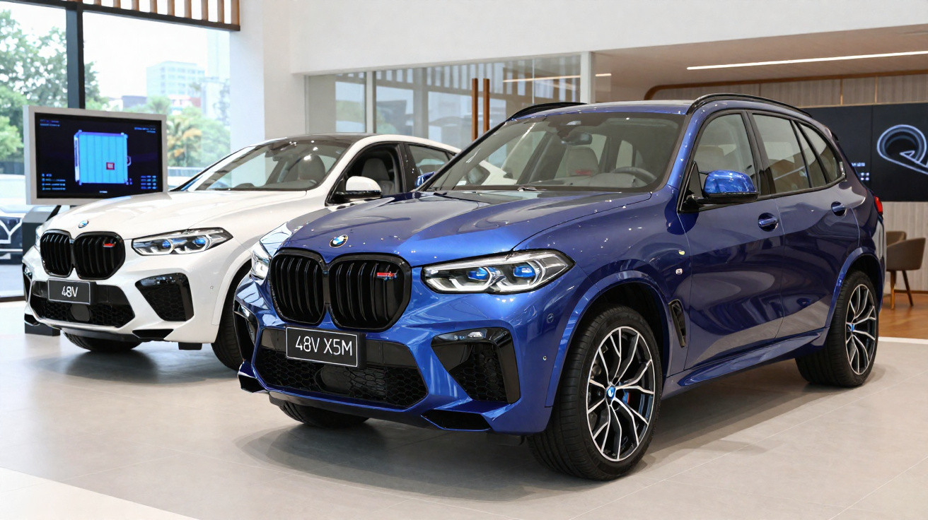 Dois carros BMW X5 modelos M, um azul e um branco, expostos em showroom moderno e iluminado.