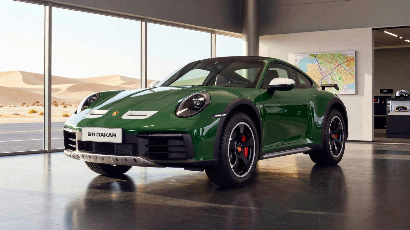 Carro esportivo Porsche 911 Dakar verde em showroom com janelas grandes e vista para deserto.