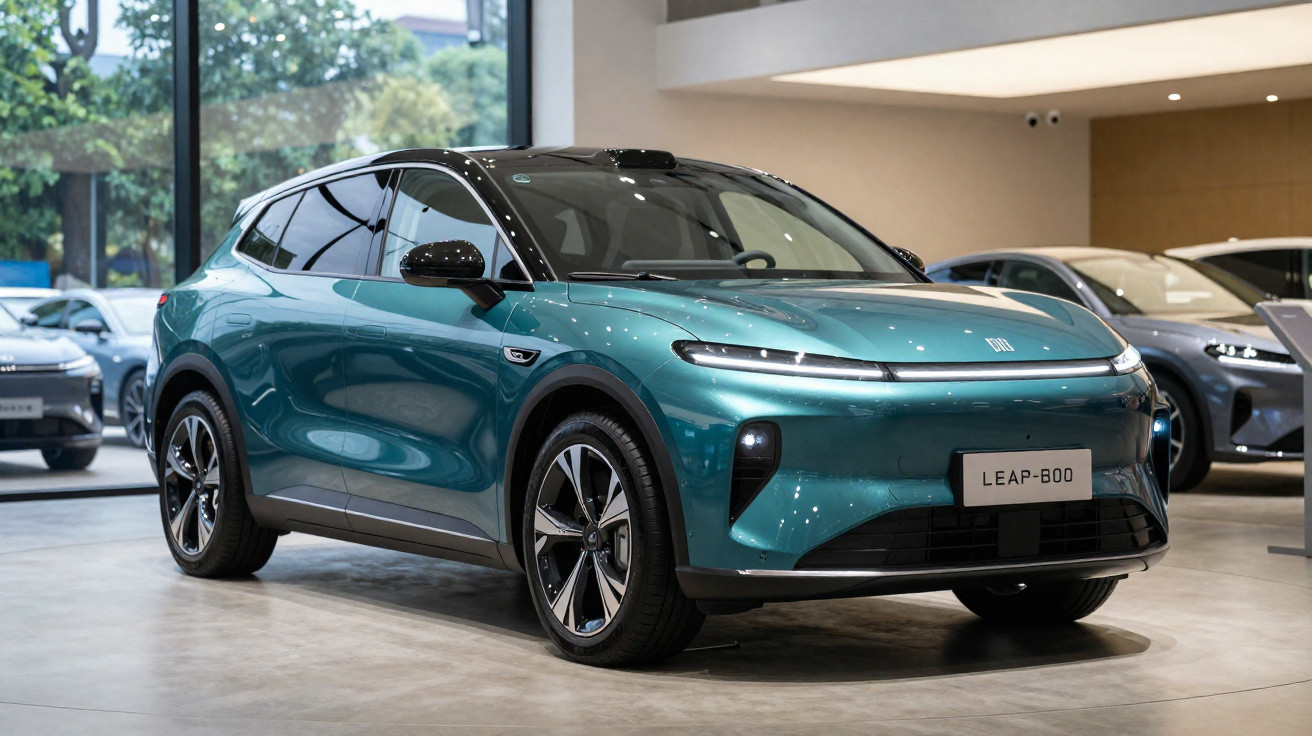 Carro elétrico modelo Leap-800 verde em exposição dentro de showroom moderno e iluminado.