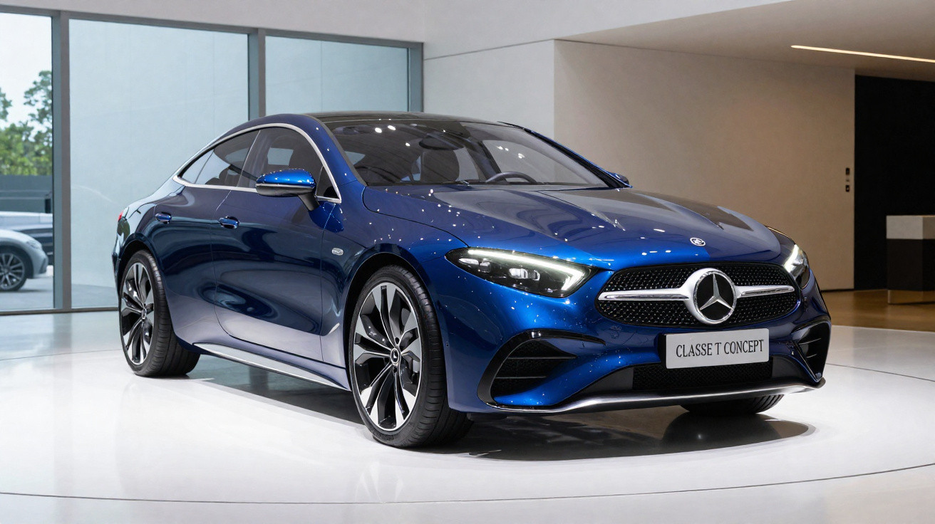 Carro conceito Mercedes-Benz Classe T azul metálico em exposição interna, com iluminação refletida na superfície.