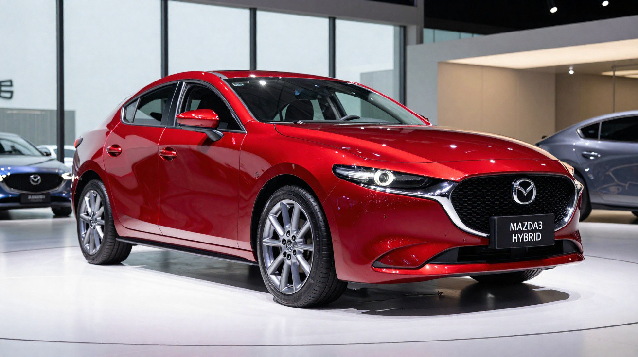 Carro Mazda3 Hybrid vermelho em exposição interna com rodas prata e detalhes modernos.
