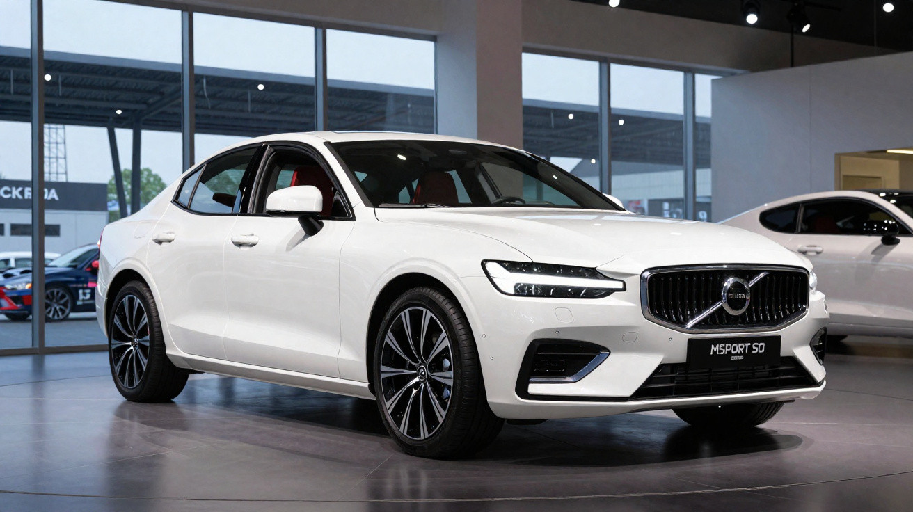 Sedã branco Volvo MSport 50 exibido em showroom moderno com iluminação interna.