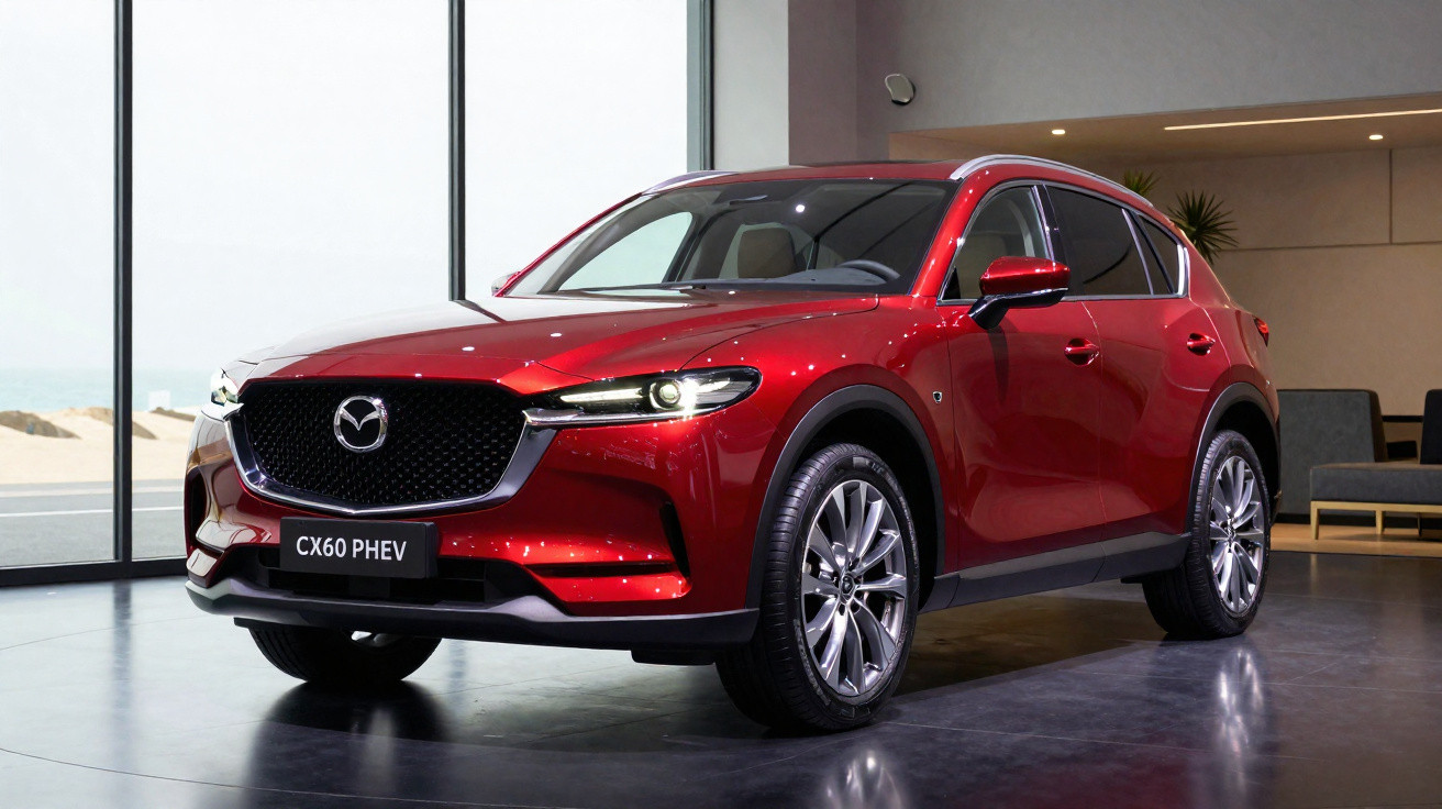 Carro SUV Mazda CX-60 PHEV vermelho em exposição em ambiente interno moderno e iluminado.