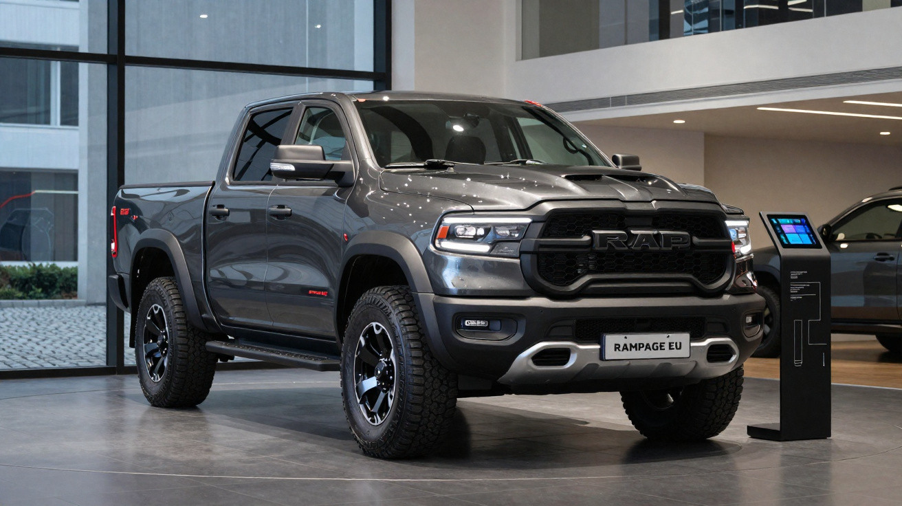 Picape cinza escura Ram 1500 Rampage EU exposta em showroom moderno com iluminação interna.