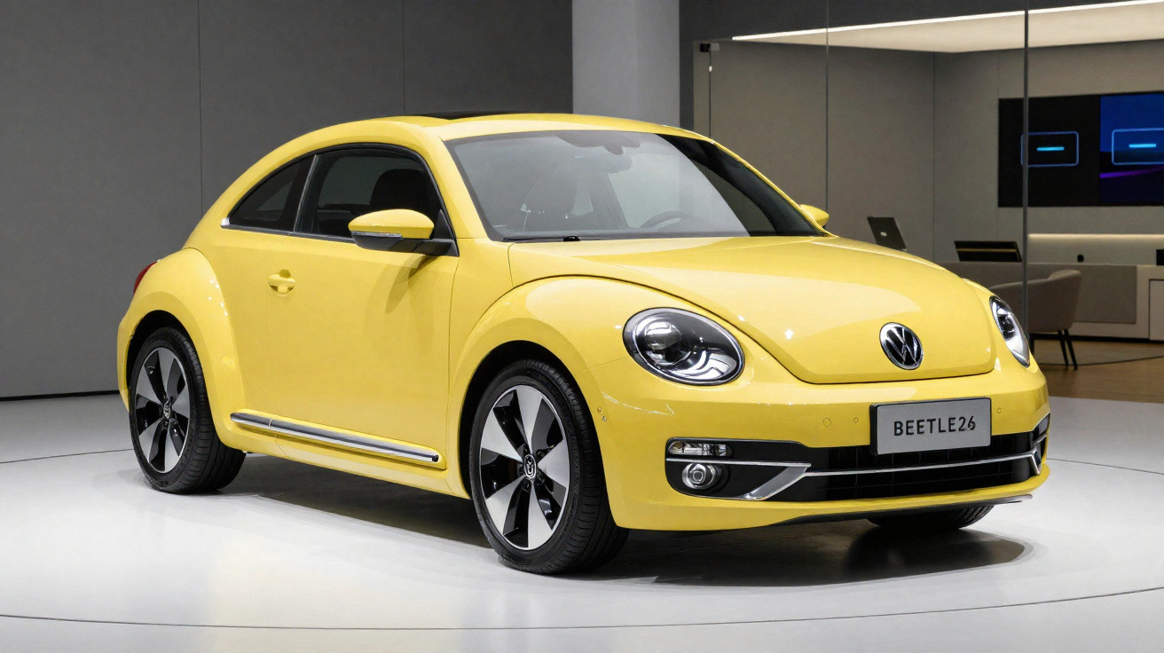 Carro Volkswagen Beetle 2026 amarelo exibido em estande moderno, vista frontal lateral direita.