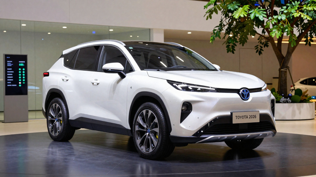 Carro SUV Toyota branco modelo 2026 em exposição interna com árvore ao fundo.