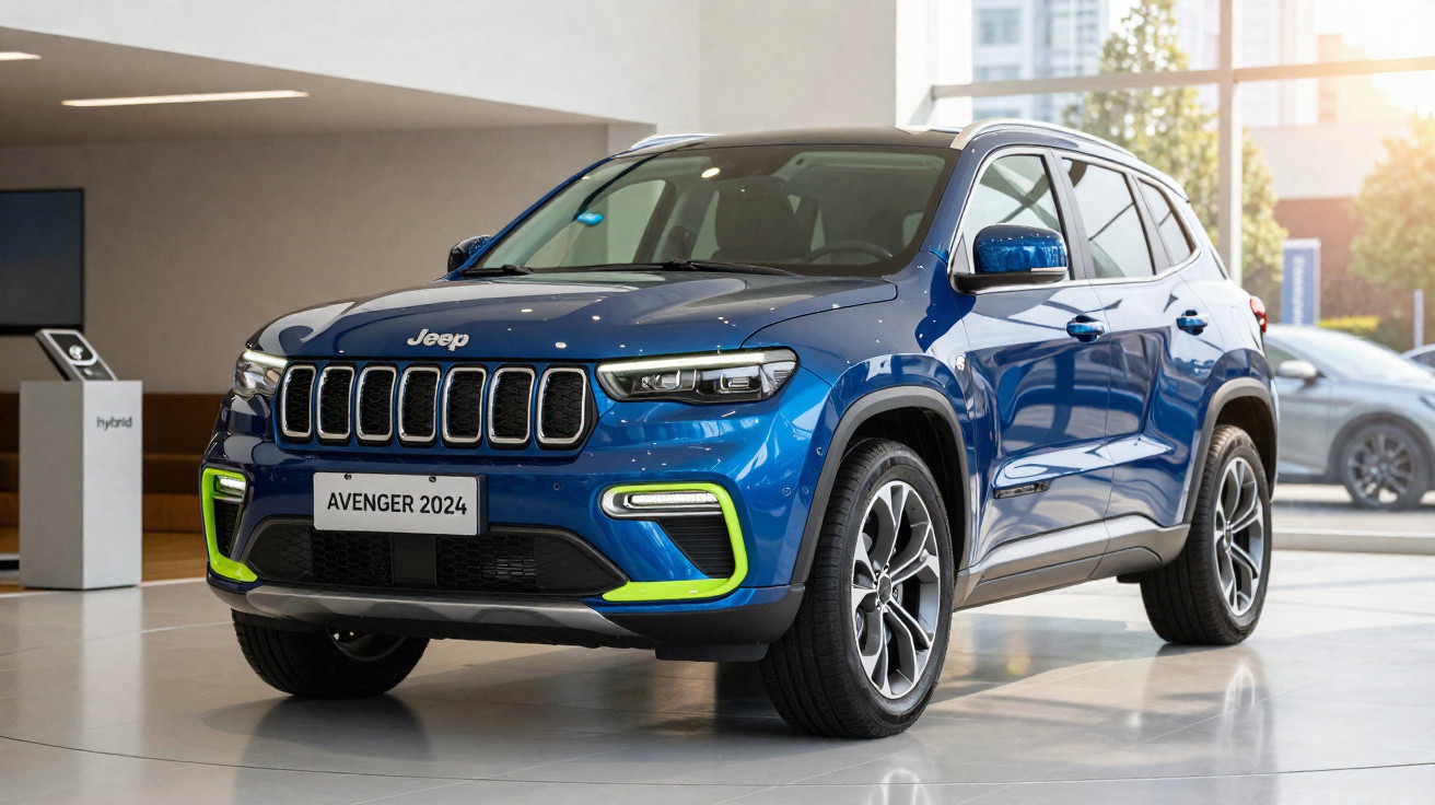 SUV Jeep Avenger 2024 azul em exposição interna, com detalhes em verde neon.