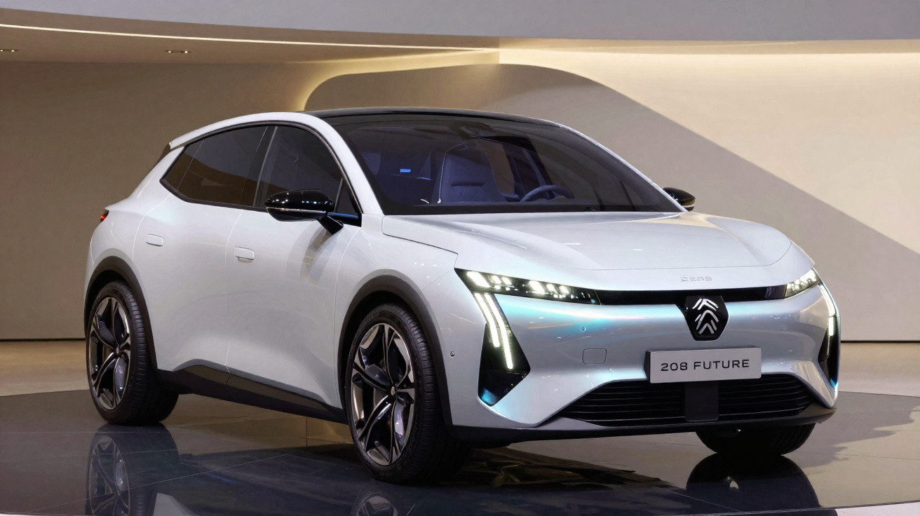 Carro elétrico branco Citroën 208 Future em exposição com design moderno e faróis em LED acesos.