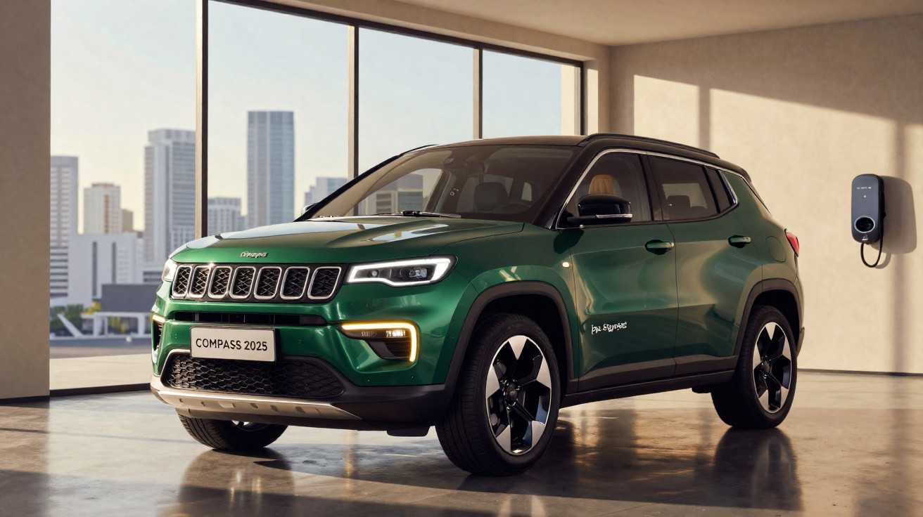 SUV Jeep Compass 2025 verde carregando em estação de recarga elétrica em ambiente urbano.