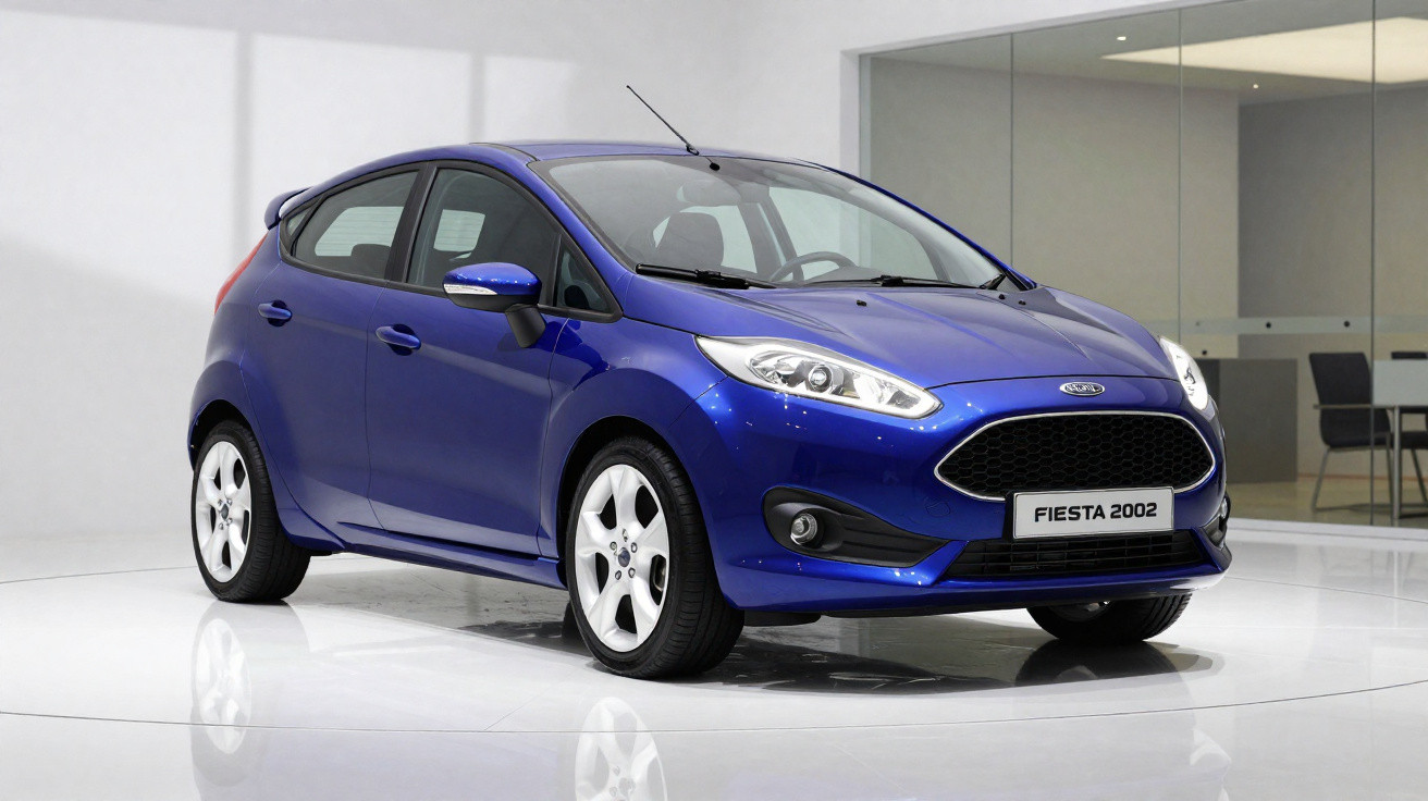 Carro hatchback azul Ford Fiesta 2002 em ambiente interno com chão branco e paredes claras.