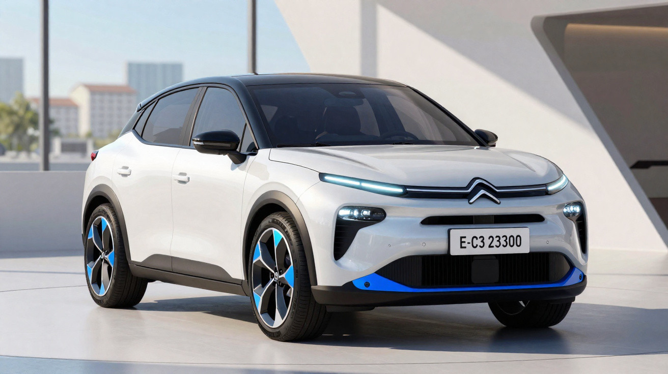 Carro elétrico Citroën branco com detalhes em azul estacionado em ambiente moderno e iluminado.