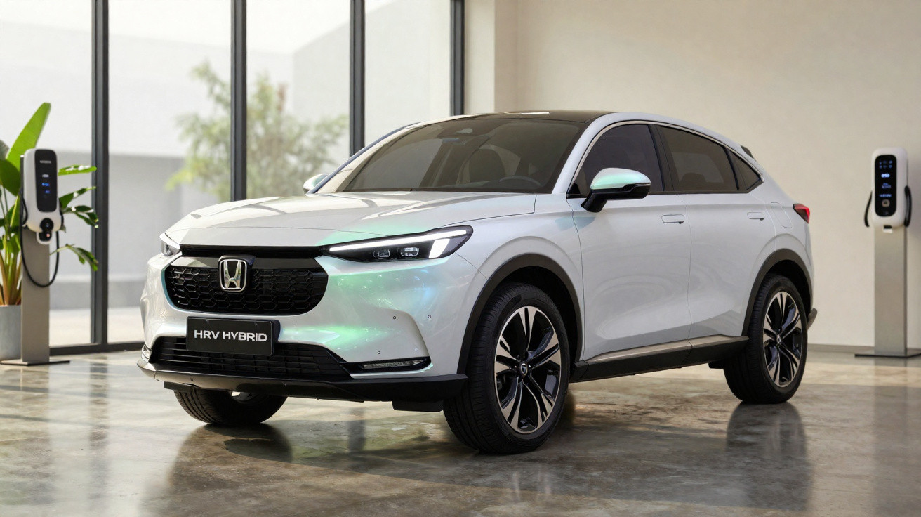 Carro SUV Honda HR-V Hybrid branco estacionado em showroom moderno com estações de carregamento elétrico.