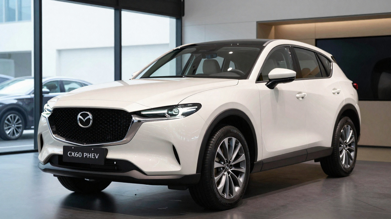 Carro branco Mazda CX60 PHEV em exposição dentro de showroom moderno.