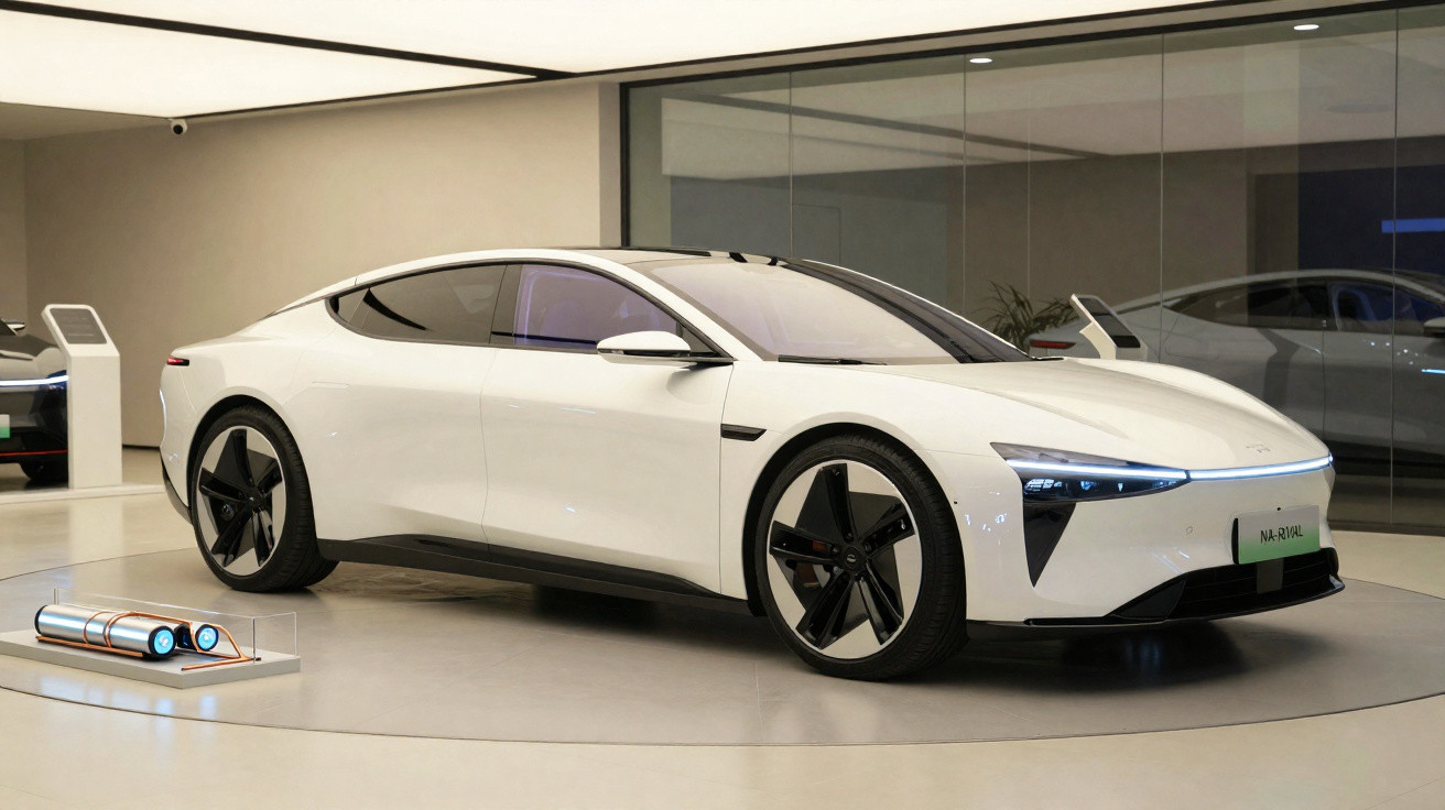 Carro elétrico branco futurista exibido em showroom moderno com bateria ao lado.