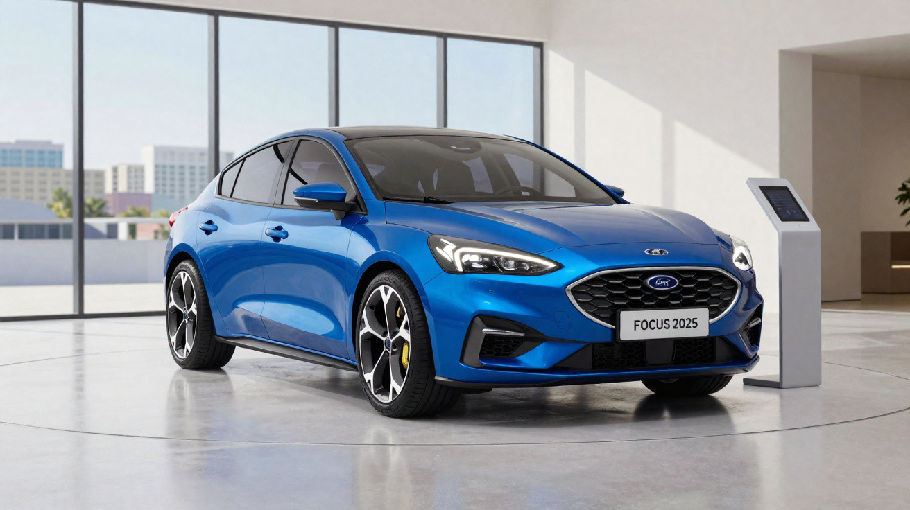 Carro Ford Focus 2025 azul em exposição em ambiente interno moderno e iluminado.