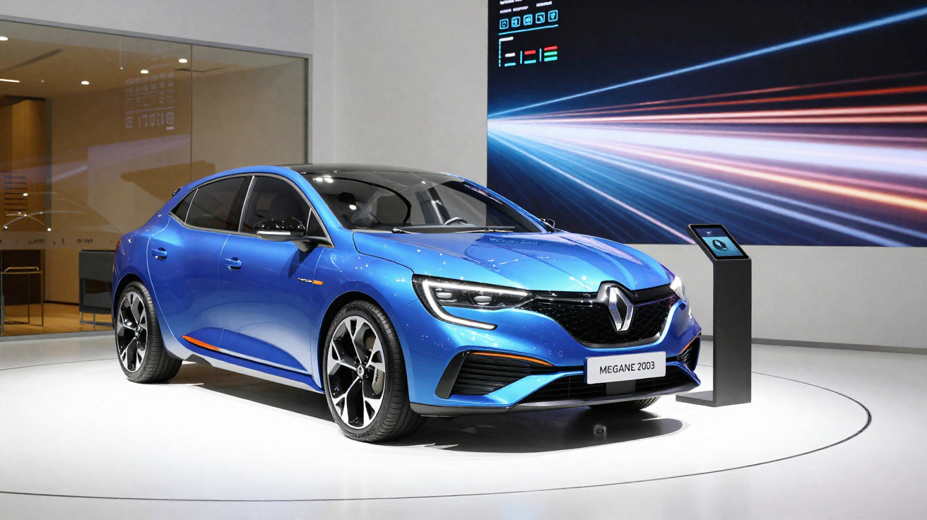 Carro azul Renault Megane 200 RS exposto em salão, destacando design moderno e esportivo.