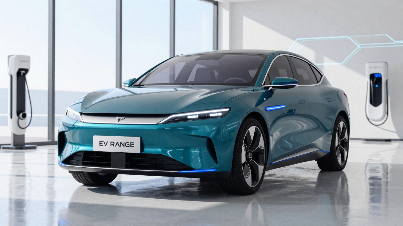 Carro elétrico azul estacionado em ambiente moderno com estações de recarga ao fundo.
