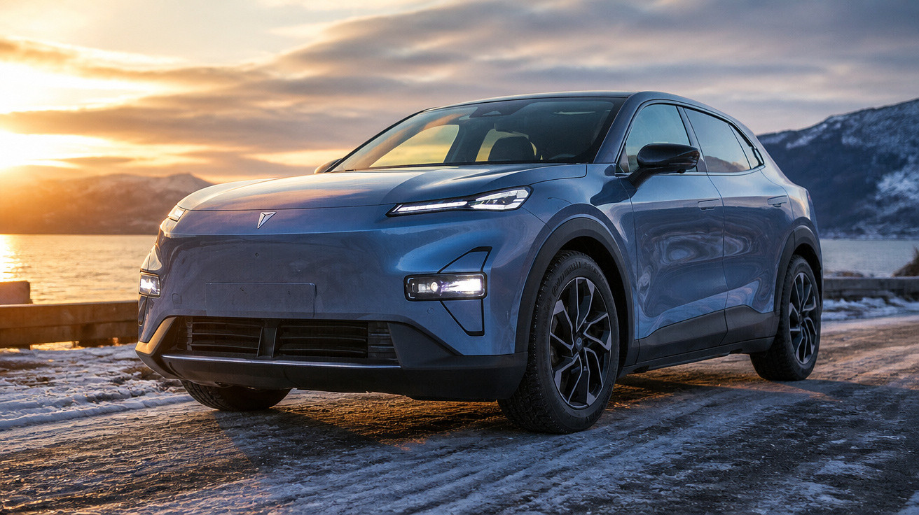 SUV elétrico azul estacionado em estrada congelada com pôr do sol e montanhas ao fundo.
