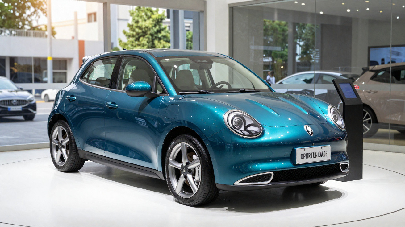Carro hatchback azul metálico exibido em showroom moderno com placa escrita "Oportunidade".