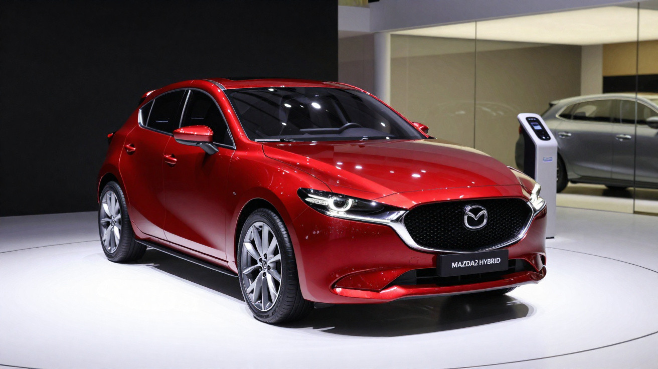 Carro hatchback vermelho Mazda2 Hybrid exposto em plataforma branca com fundo escuro.